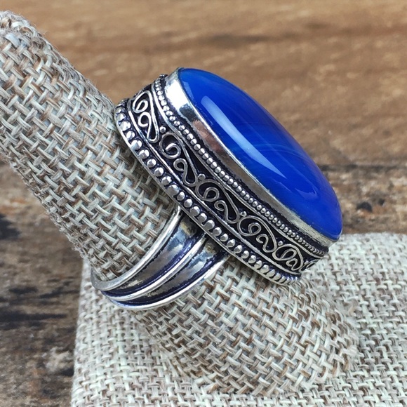 Blue Botswana Agate Stone Silver Overlay Ring Size 7.75 - Picture 3 of 12